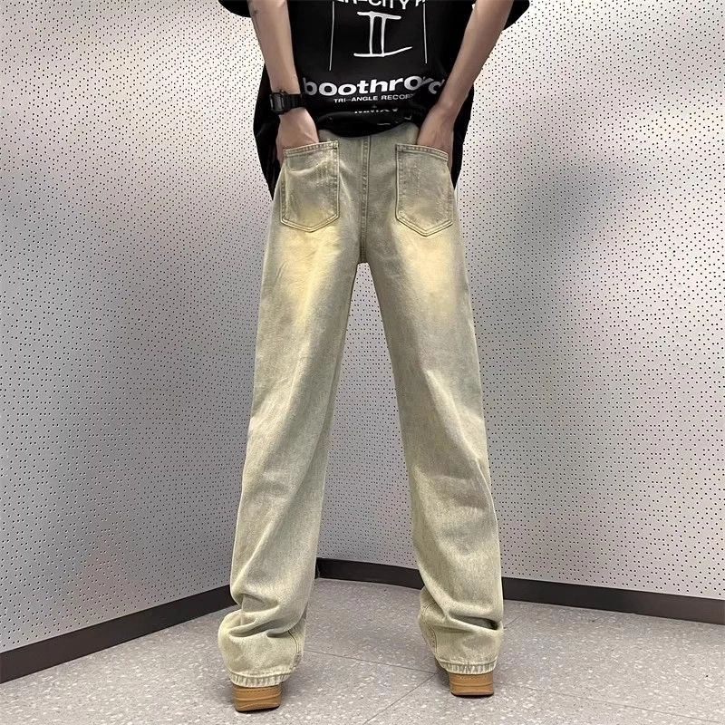大格子与黑猫 裤子男潮流水洗破洞男春秋款宽松直筒高街美式帅气显瘦长裤牛仔裤 男款