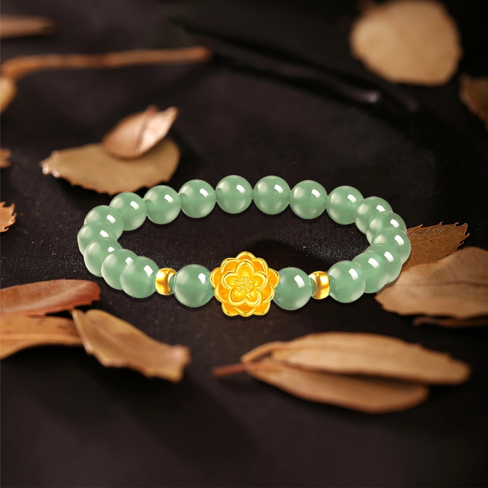 金嘉福 好运莲莲绿玛瑙串珠链 本命年转运珠吉祥守福 莲花简约百搭传承金 足金 一口价 黄金手串 女款 礼盒
