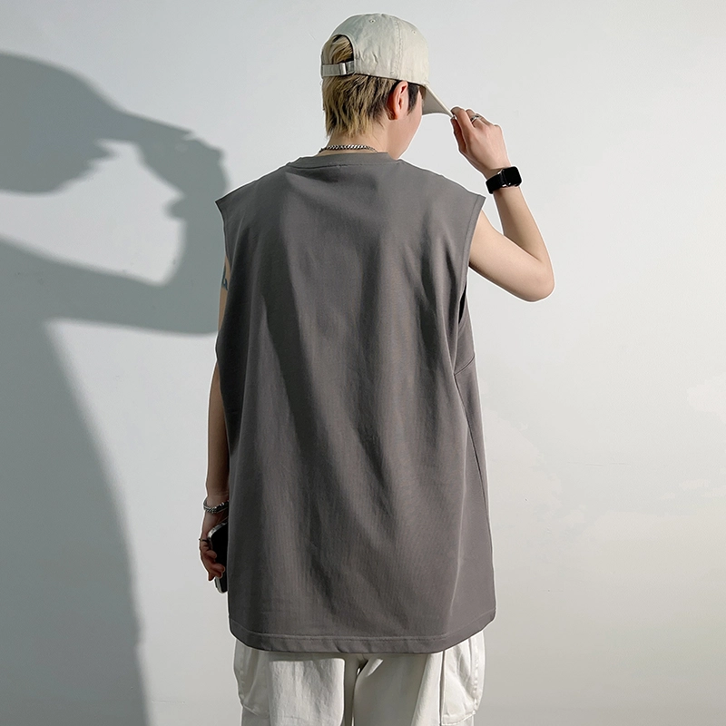 美式纯色休闲宽松透气百搭圆领无袖款时尚简约背心 男女同款