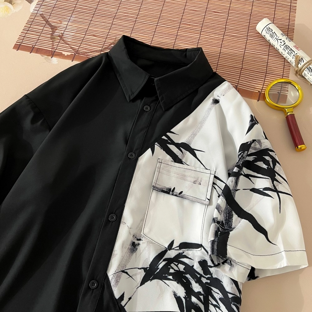 玉儿恋 新中式国风潮流拼接撞色翻领冰丝宽松休闲短袖衬衣百搭衬衫 男女同款
