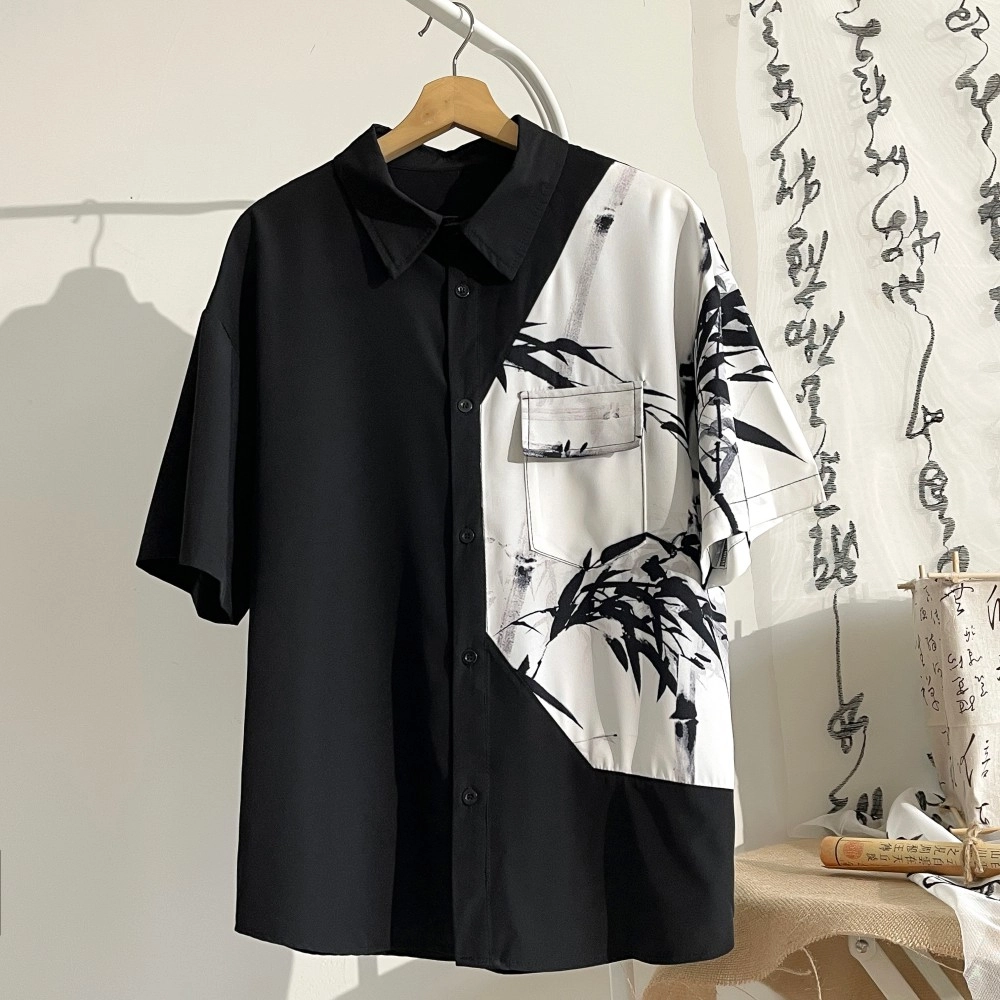 玉儿恋 新中式国风潮流拼接撞色翻领冰丝宽松休闲短袖衬衣百搭衬衫 男女同款