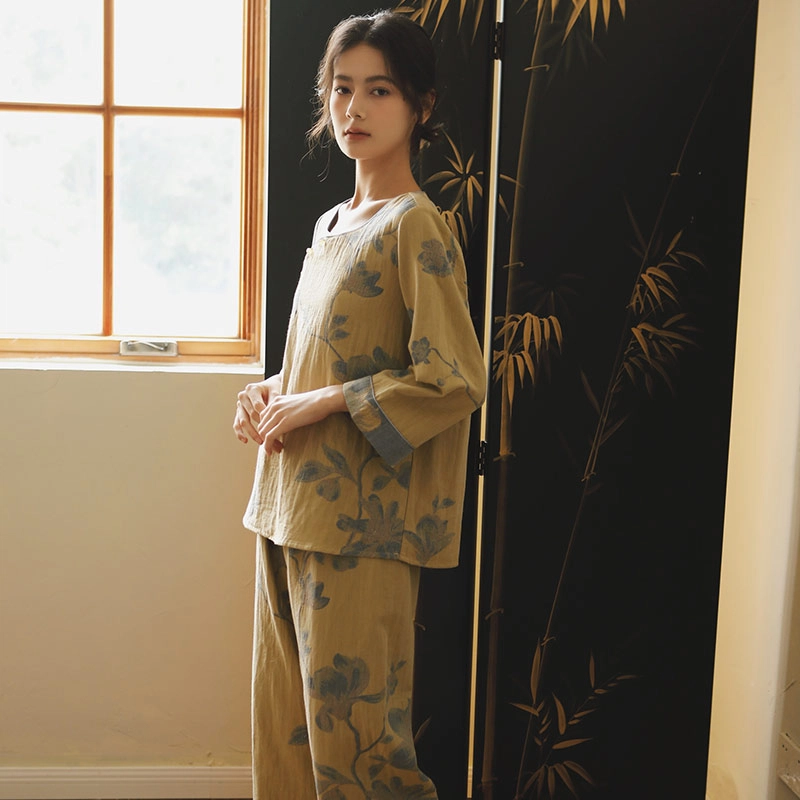 怡吾色 新中式纯棉家居套装 文艺风可外穿睡衣 女款 两件套