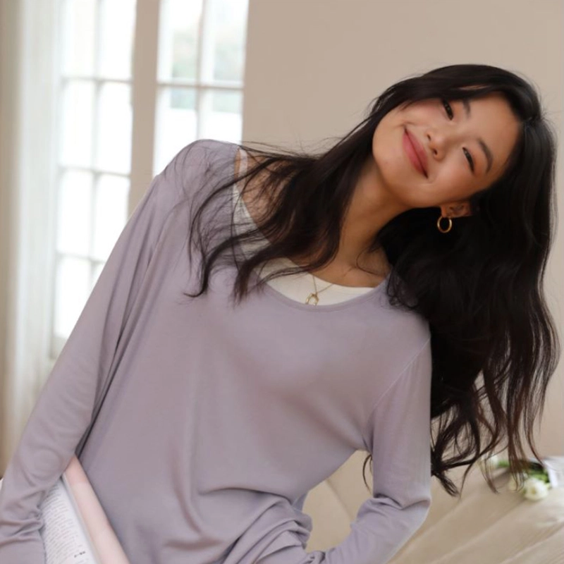 怡吾色 撞色拼接圆领休闲家居长袖上衣 简约纯色可外穿 女款
