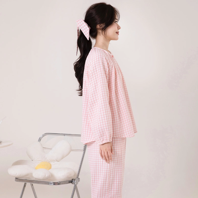 怡吾色 糖果系列 双层纱圆领家居服清新小格纹睡衣套装 女款