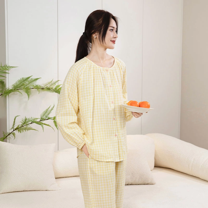怡吾色 糖果系列 双层纱圆领家居服清新小格纹睡衣套装 女款