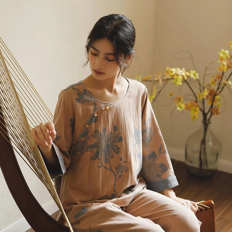 怡吾色 新中式纯棉家居套装 文艺风可外穿睡衣 女款 两件套