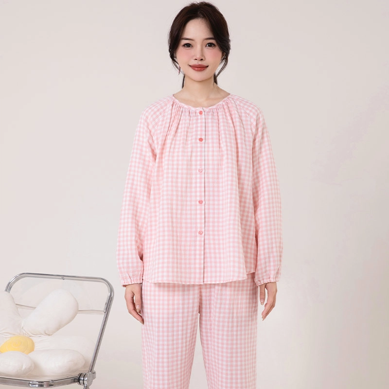 怡吾色 糖果系列 双层纱圆领家居服清新小格纹睡衣套装 女款