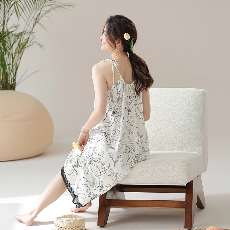 怡吾色 家居服简约舒适植物花卉无袖睡裙 女款 牙白色