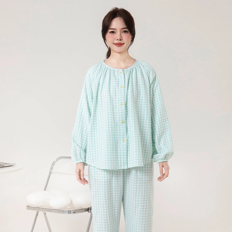 怡吾色 糖果系列 双层纱圆领家居服清新小格纹睡衣套装 女款