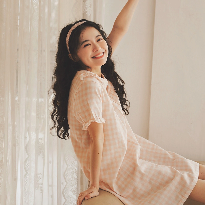 怡吾色  复古格纹双层纱新疆棉家居服睡裙 短袖甜美少女睡裙 家居连衣裙