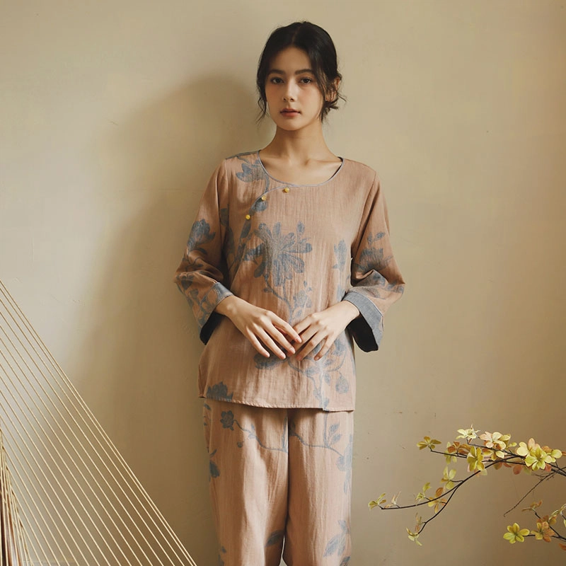怡吾色 新中式纯棉家居套装 文艺风可外穿睡衣 女款 两件套