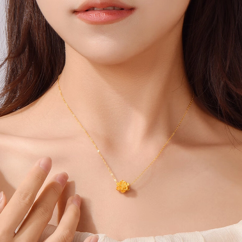 中兆珠宝 新中式复古国潮轻奢莲花  好事莲莲转运 清雅精致气质优雅大气锁骨链 足金 一口价 黄金项链 男女同款情侣款