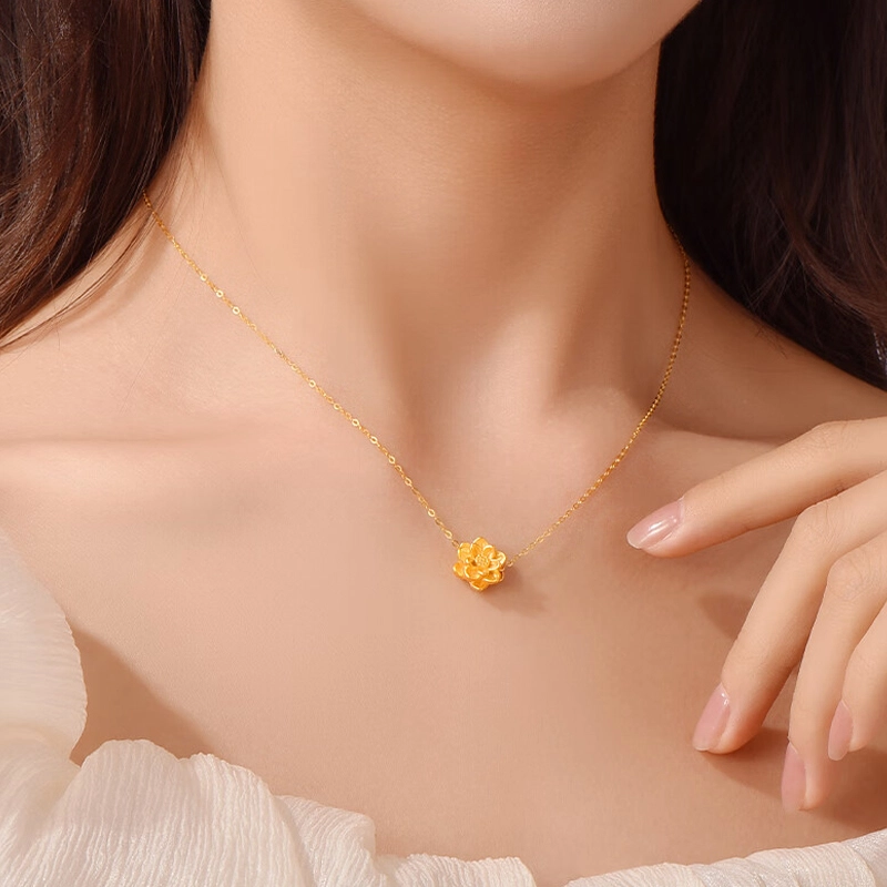 中兆珠宝 新中式复古国潮轻奢莲花  好事莲莲转运 清雅精致气质优雅大气锁骨链 足金 一口价 黄金项链 男女同款情侣款