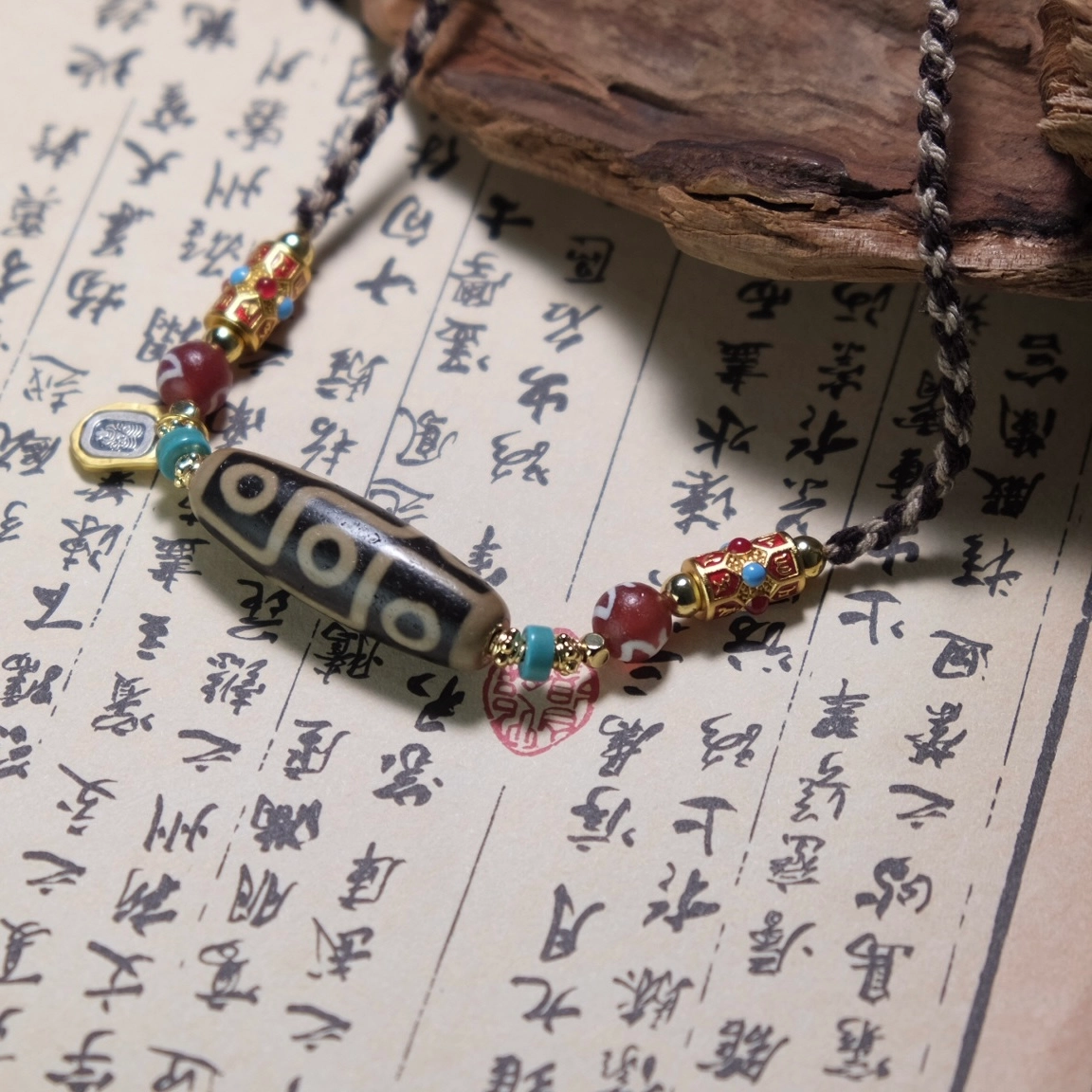 玉临门 新中式九眼天珠 藏式护身吊坠 扎基拉姆吊牌手工编绳民族风 玛瑙 项链 男女同款情侣款 男朋友女朋友 礼盒包装