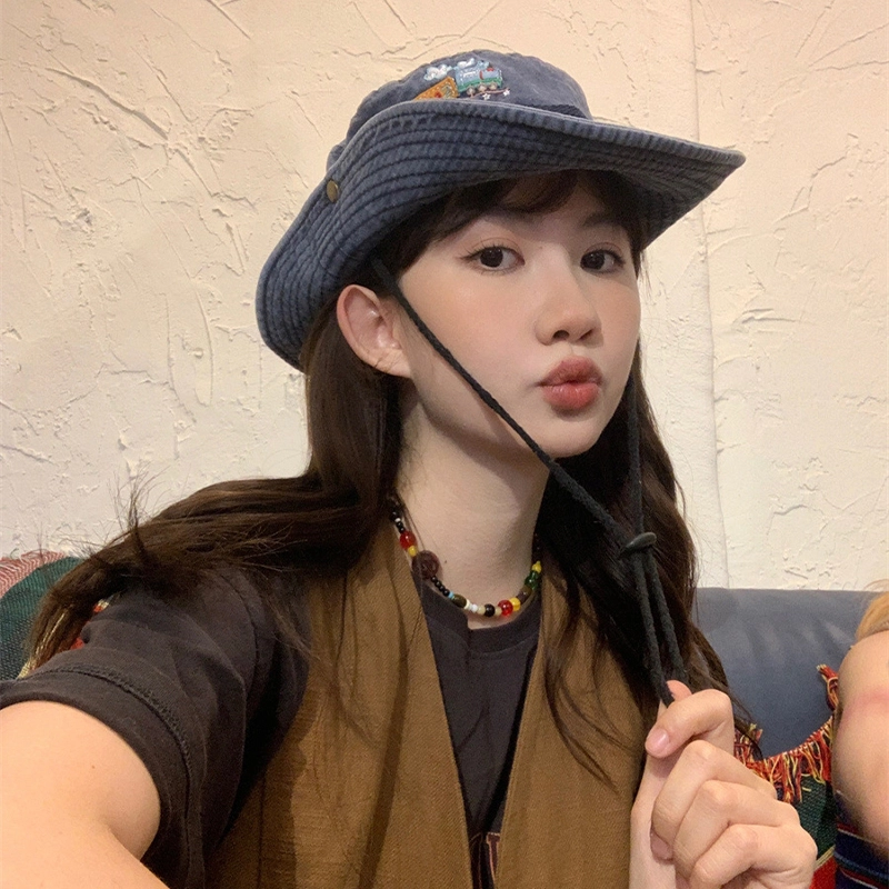 山一丸 辣妹牛仔日系火车刺绣水洗做旧休闲工装风登山 涤棉 渔夫帽 男女同款情侣款