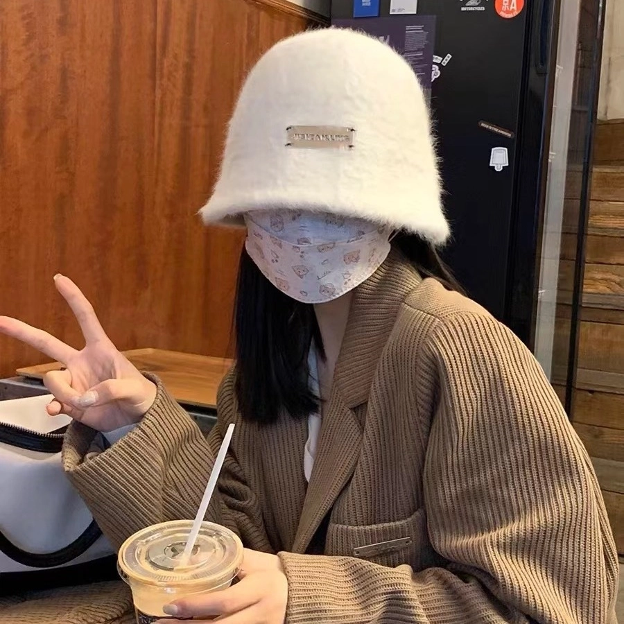 山一丸 帽子韩国铁标水桶帽秋冬显脸小百搭保暖盆帽冬天帽子 兔毛 渔夫帽 女款