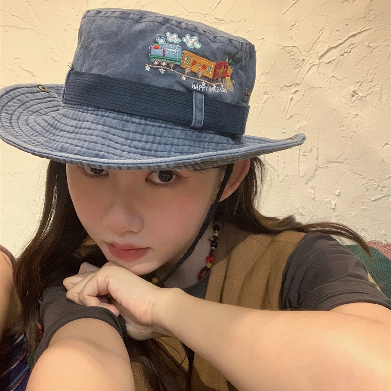 山一丸 辣妹牛仔日系火车刺绣水洗做旧休闲工装风登山 涤棉 渔夫帽 男女同款情侣款