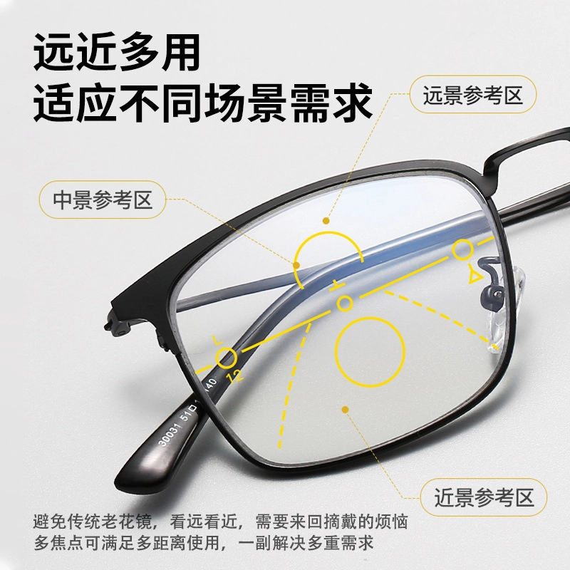 山一丸 高清变色防蓝光护目老人镜金属半框渐进多焦点老花镜远近两用 方形 光学镜架 男款