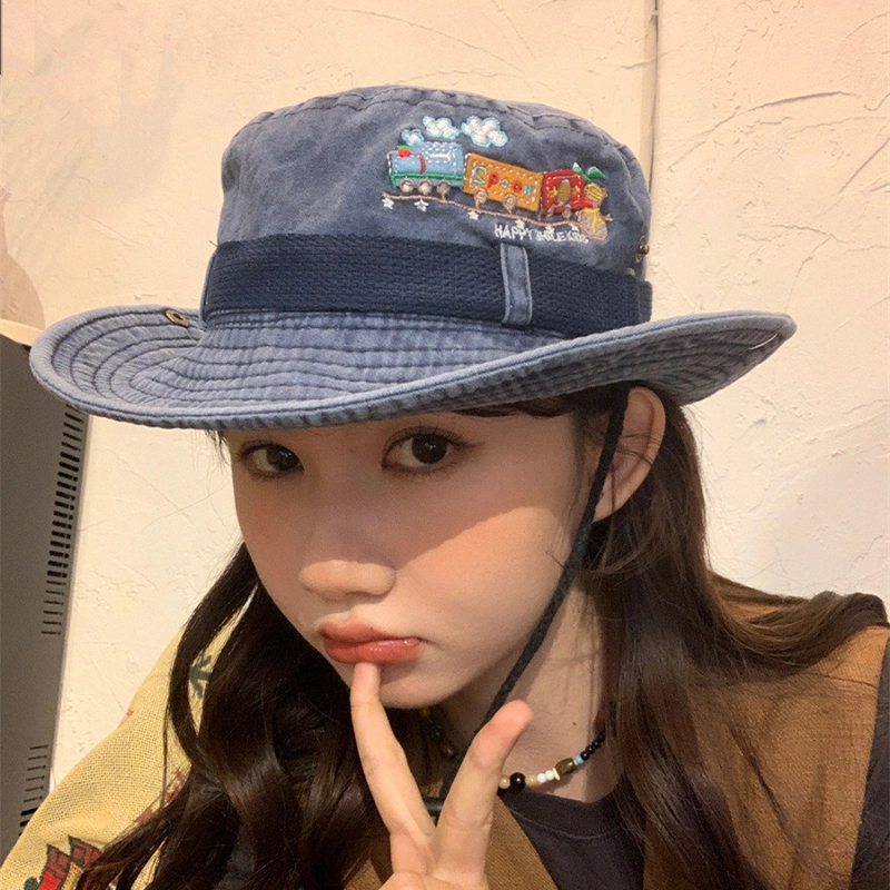 山一丸 辣妹牛仔日系火车刺绣水洗做旧休闲工装风登山 涤棉 渔夫帽 男女同款情侣款