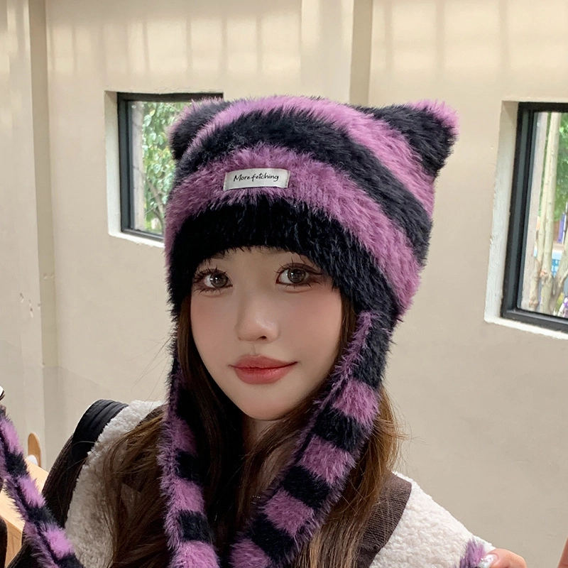 山一丸 秋冬新款条纹猫耳保暖毛茸套头冷帽时尚 锦纶 绒线帽 男女同款情侣款