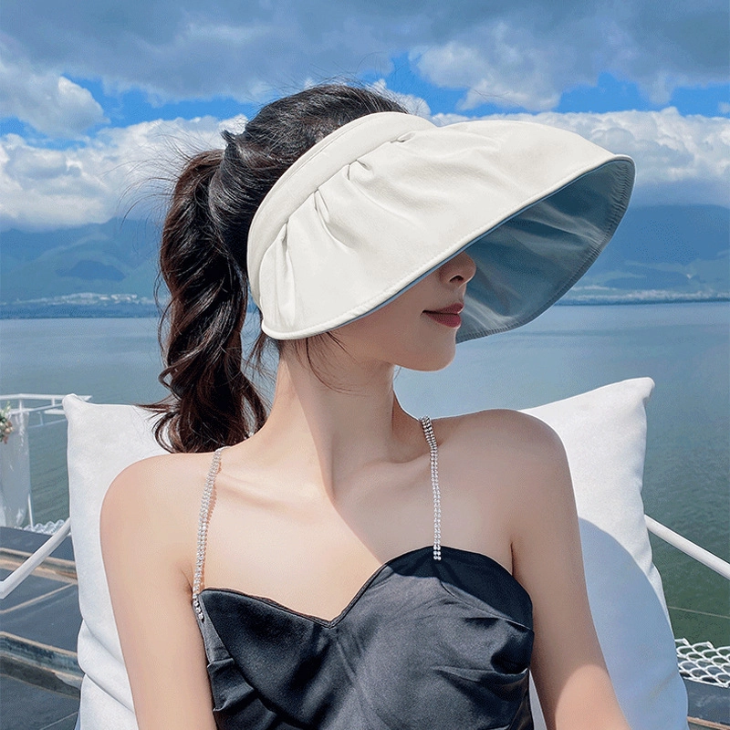 山一丸 贝壳防紫外线夏季遮脸沙滩遮阳帽骑车空顶太阳帽 涤纶 防晒帽 女款