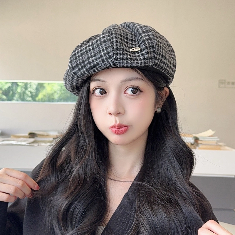 山一丸 复古格纹文艺英伦风大头围 涤纶 贝雷帽 女款