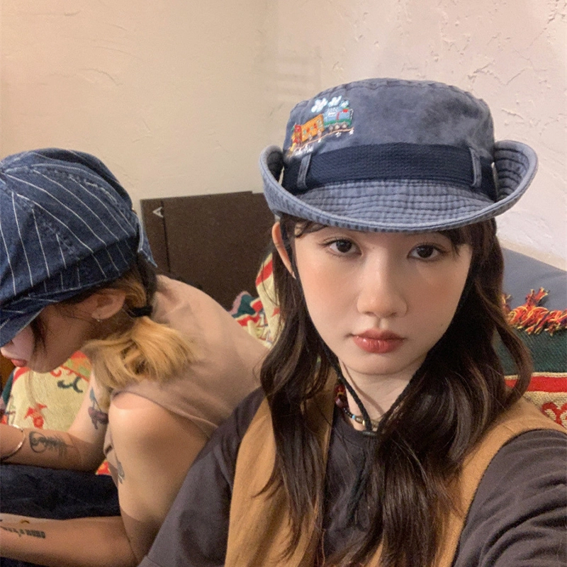 山一丸 辣妹牛仔日系火车刺绣水洗做旧休闲工装风登山 涤棉 渔夫帽 男女同款情侣款