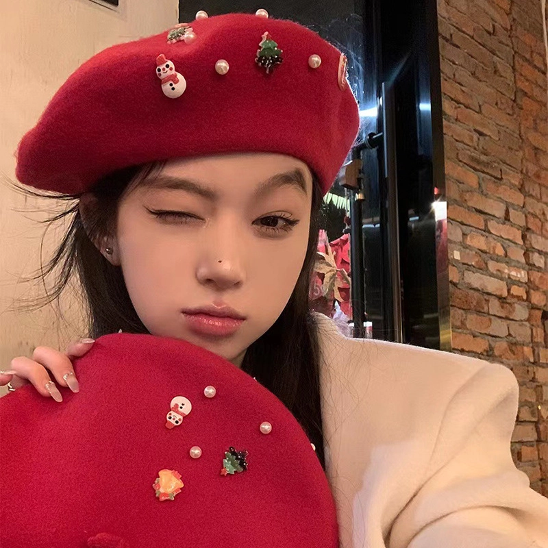 山一丸 帽子韩国东大门甜系少女圣诞冬季保暖防寒材质画家帽 羊毛 贝雷帽 女款