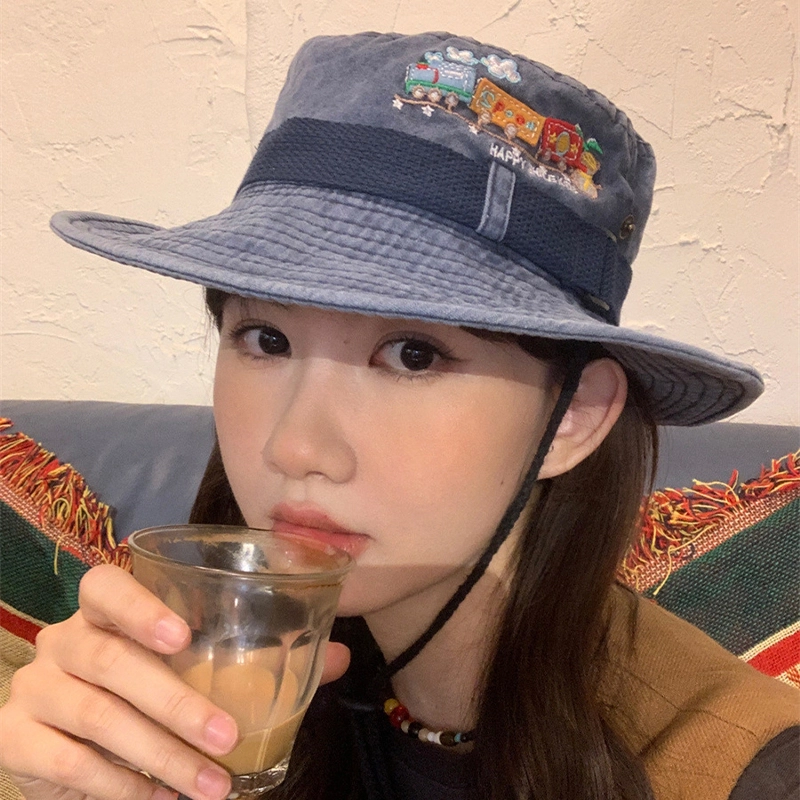 山一丸 辣妹牛仔日系火车刺绣水洗做旧休闲工装风登山 涤棉 渔夫帽 男女同款情侣款
