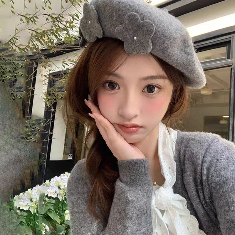 山一丸 韩版秋冬季可爱花朵画家帽 可爱高级感保暖 羊毛 贝雷帽 女款