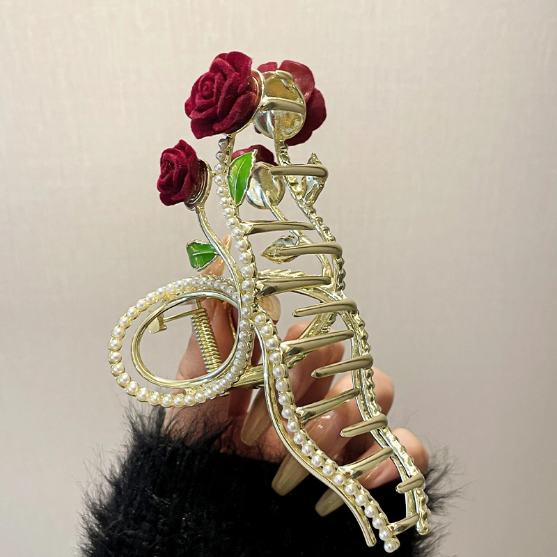 新中式挽发珍珠高级感红色玫瑰花朵抓夹后脑勺国风鲨鱼夹 发夹 女款