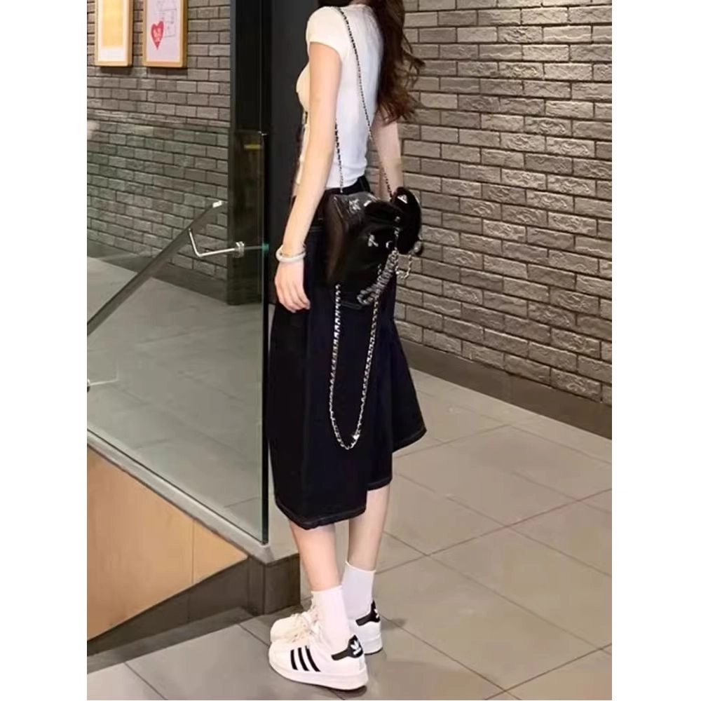 么宁 美式复古阔腿松弛宽松显瘦水洗直筒七分裤子牛仔短裤 女款