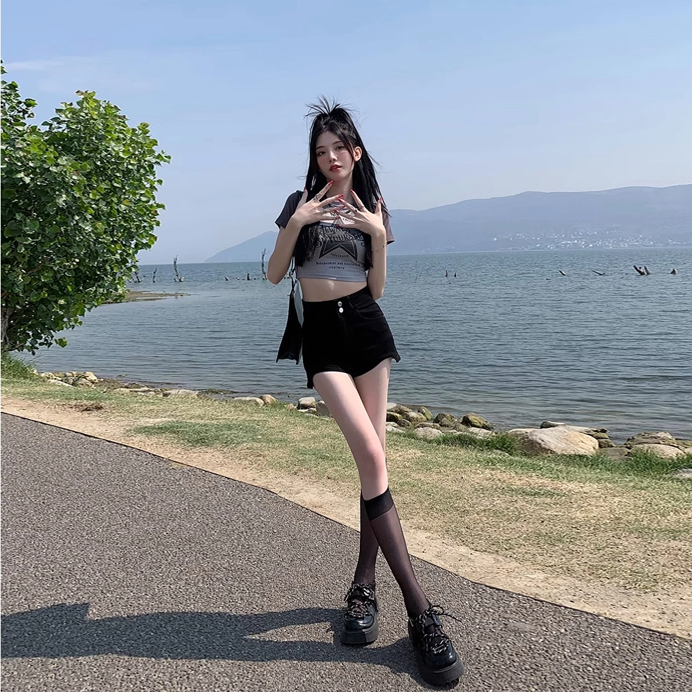 么宁 高腰弹力外穿热裤牛仔短裤 女款