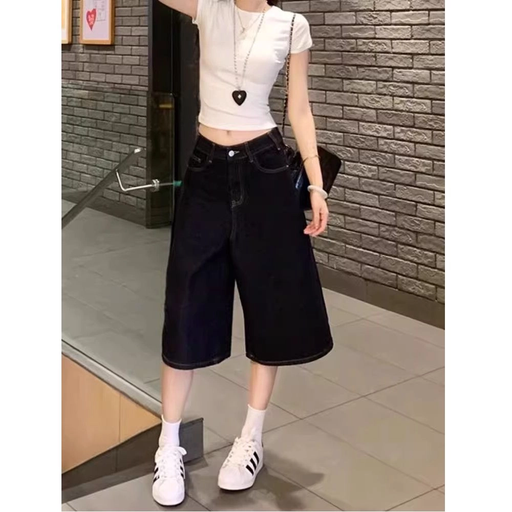 么宁 美式复古阔腿松弛宽松显瘦水洗直筒七分裤子牛仔短裤 女款