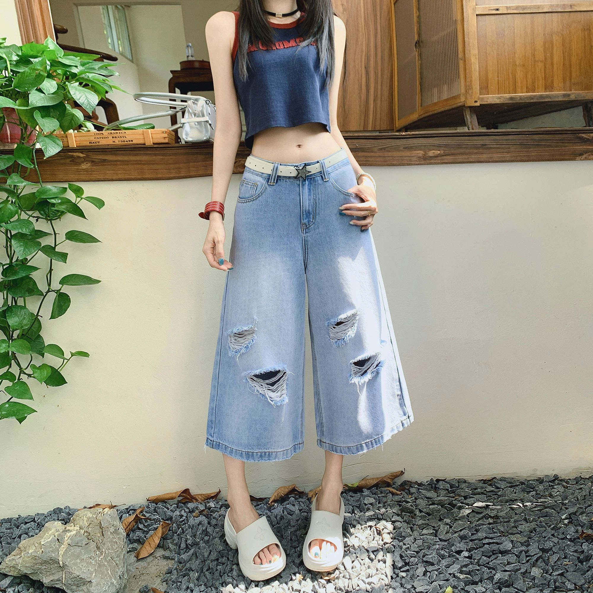 么宁 设计感破洞休闲时尚潮流百搭宽松毛边七分中裤牛仔短裤 女款