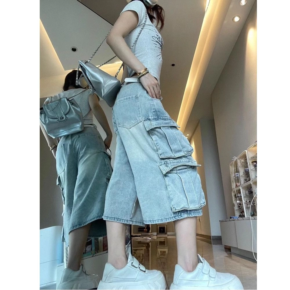 么宁 美式复古水洗做旧多口袋工装设计感阔腿裤牛仔裤 女款