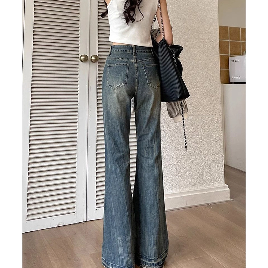 么宁 美式复古高腰设计感显瘦马蹄裤微喇叭裤女牛仔裤 女款