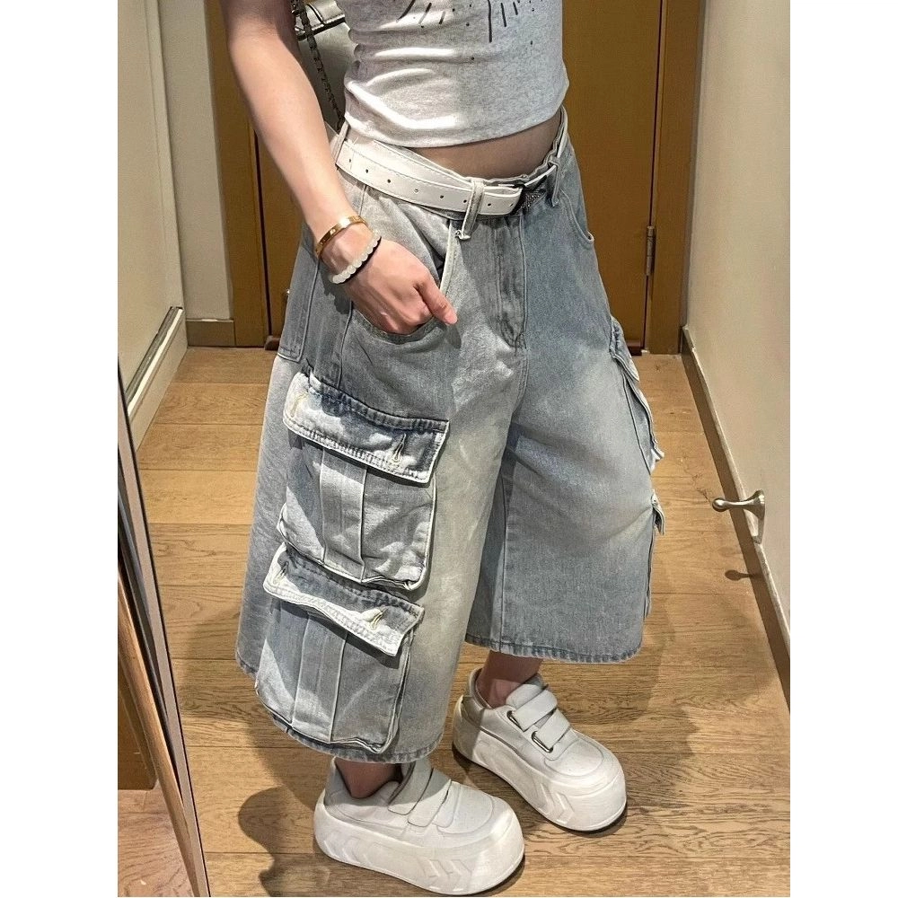 么宁 美式复古水洗做旧多口袋工装设计感阔腿裤牛仔裤 女款