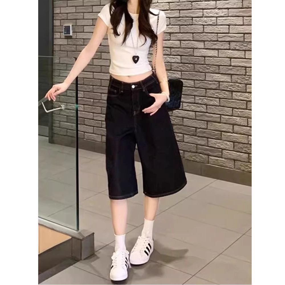 么宁 美式复古阔腿松弛宽松显瘦水洗直筒七分裤子牛仔短裤 女款