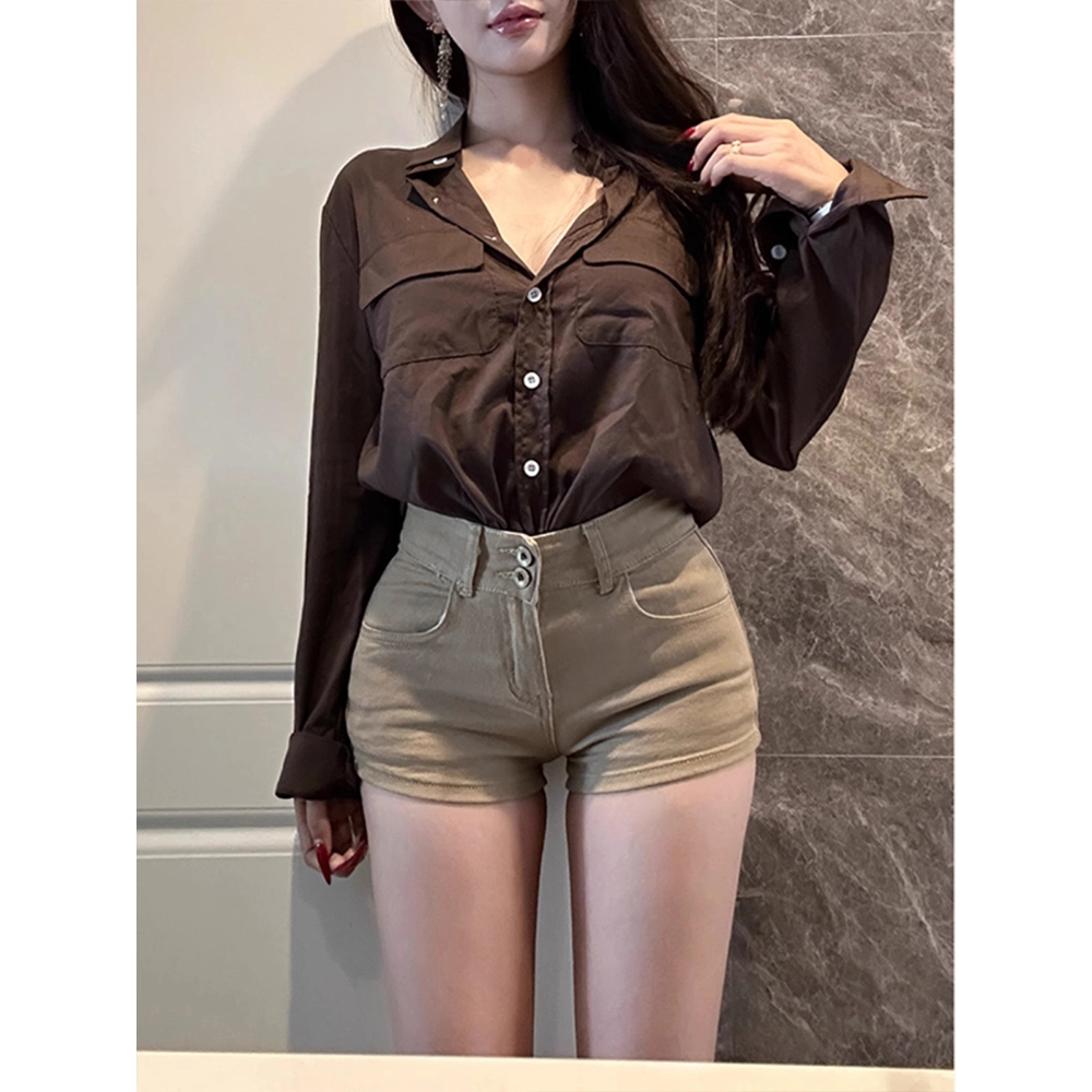 么宁 时尚舒适百搭牛仔短裤 女款 卡其色