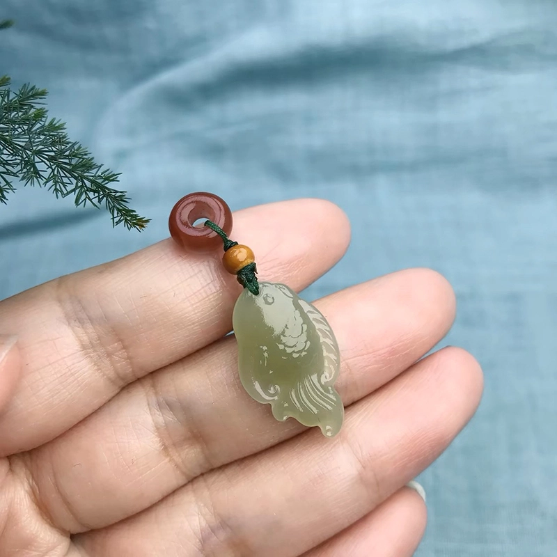 全年红 年年有鱼新中式风美好寓意厚润项链 玉髓 吊坠 男款