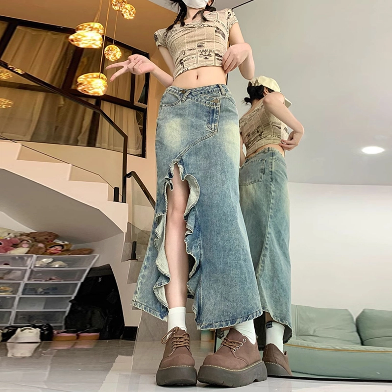 依钗 夏季美式复古高腰开叉波浪鱼尾半身裙潮流百搭牛仔长裙 女款