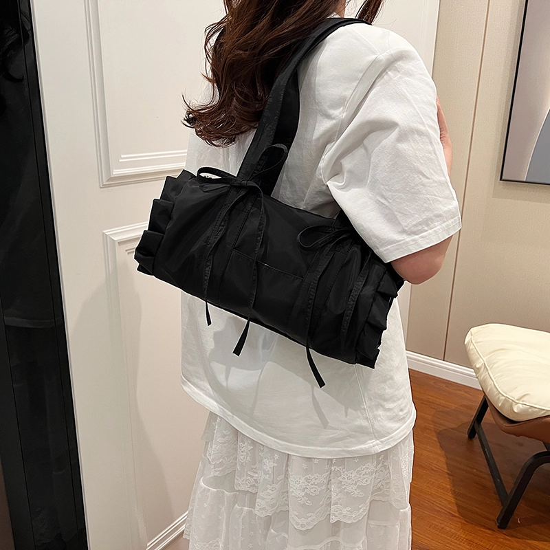 伊曼家 甜美少女蝴蝶结帆布包包 腋下包休闲通勤包小众法棍包 帆布 单肩包 女款 米白色/蓝色/黑色