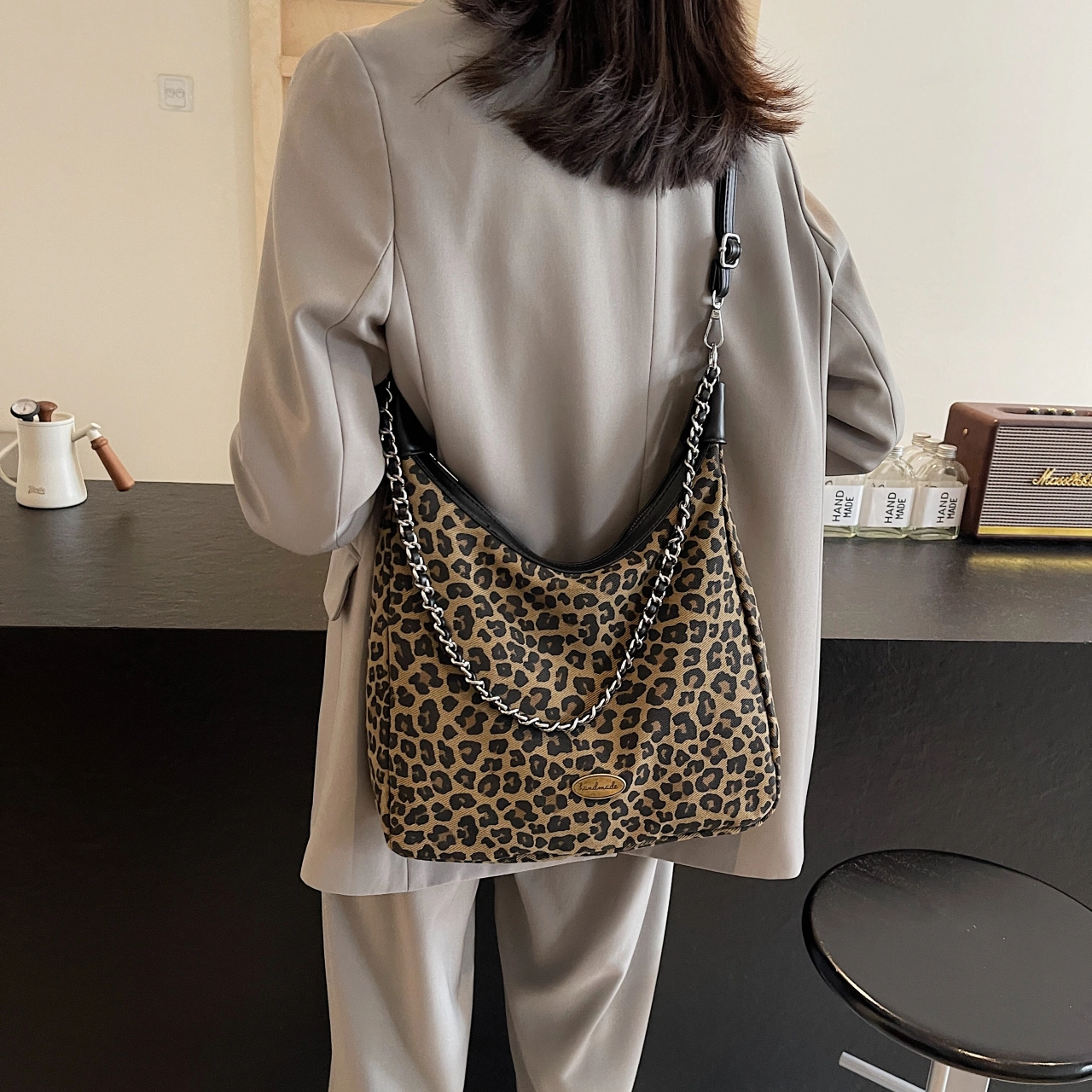 伊曼家 高级感时尚百搭链条通勤 帆布 单肩包 大号 女款 咖啡色/黑色