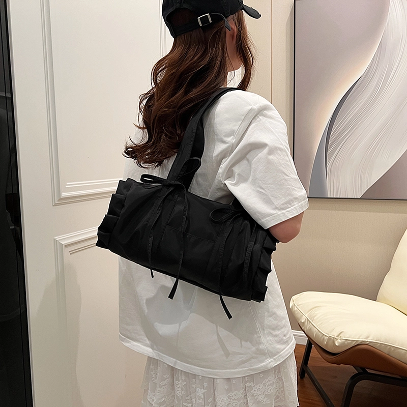 伊曼家 甜美少女蝴蝶结帆布包包 腋下包休闲通勤包小众法棍包 帆布 单肩包 女款 米白色/蓝色/黑色