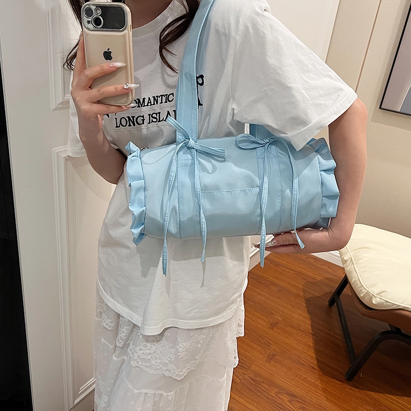 伊曼家 甜美少女蝴蝶结帆布包包 腋下包休闲通勤包小众法棍包 帆布 单肩包 女款 米白色/蓝色/黑色