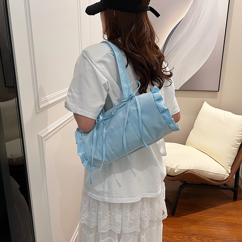 伊曼家 甜美少女蝴蝶结帆布包包 腋下包休闲通勤包小众法棍包 帆布 单肩包 女款 米白色/蓝色/黑色