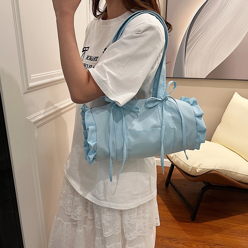 伊曼家 甜美少女蝴蝶结帆布包包 腋下包休闲通勤包小众法棍包 帆布 单肩包 女款 米白色/蓝色/黑色