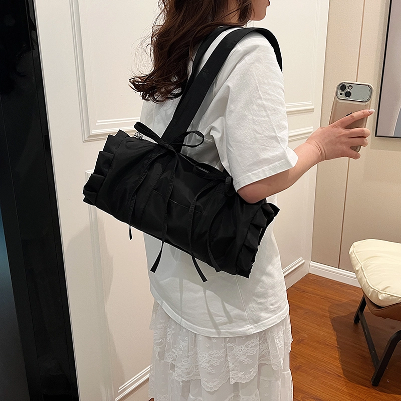 伊曼家 甜美少女蝴蝶结帆布包包 腋下包休闲通勤包小众法棍包 帆布 单肩包 女款 米白色/蓝色/黑色
