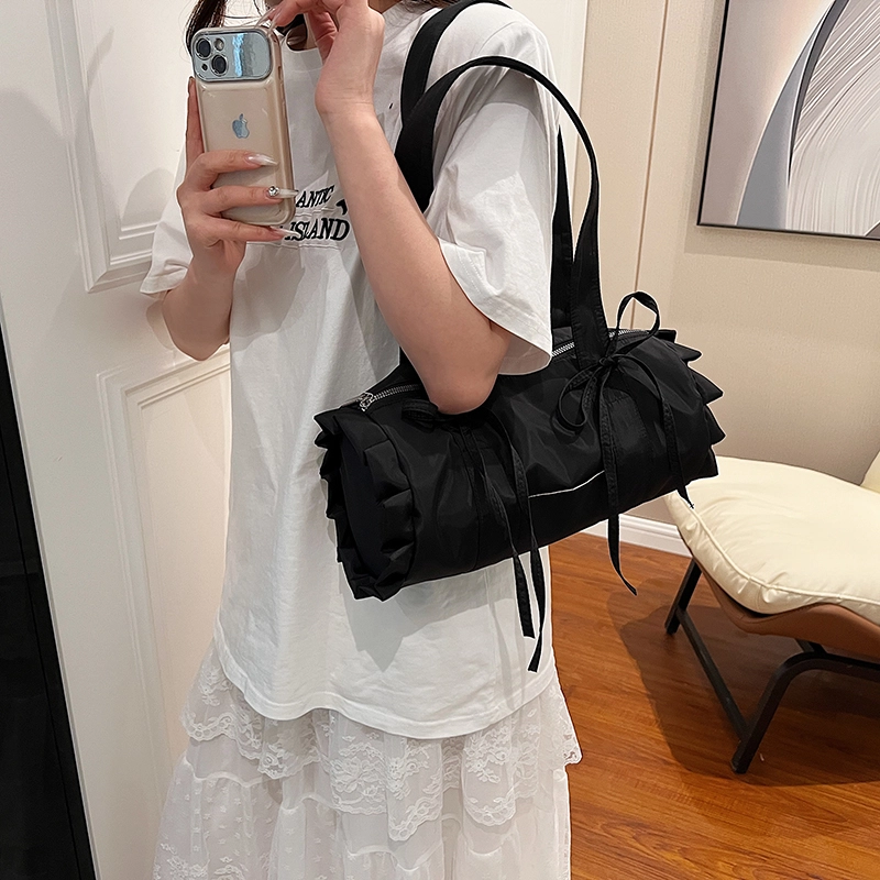 伊曼家 甜美少女蝴蝶结帆布包包 腋下包休闲通勤包小众法棍包 帆布 单肩包 女款 米白色/蓝色/黑色